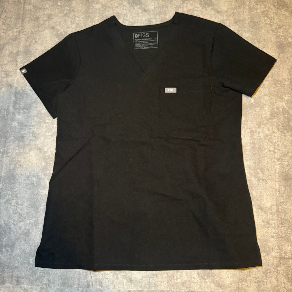 FIGS Technical Collection Black V-Neck Scrub Top Small Short Sleeve Chest Pocket